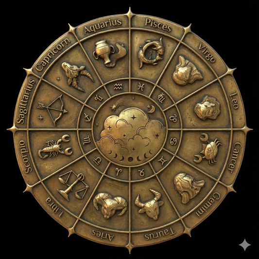 Bronze zodiac wheel with astrological symbols on a black background