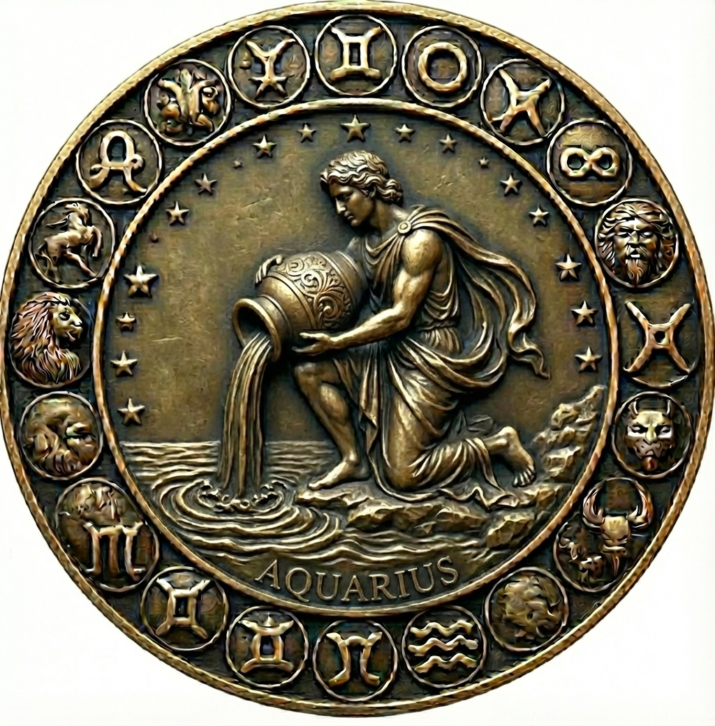 Bronze medallion of Aquarius zodiac sign with surrounding astrological symbols.