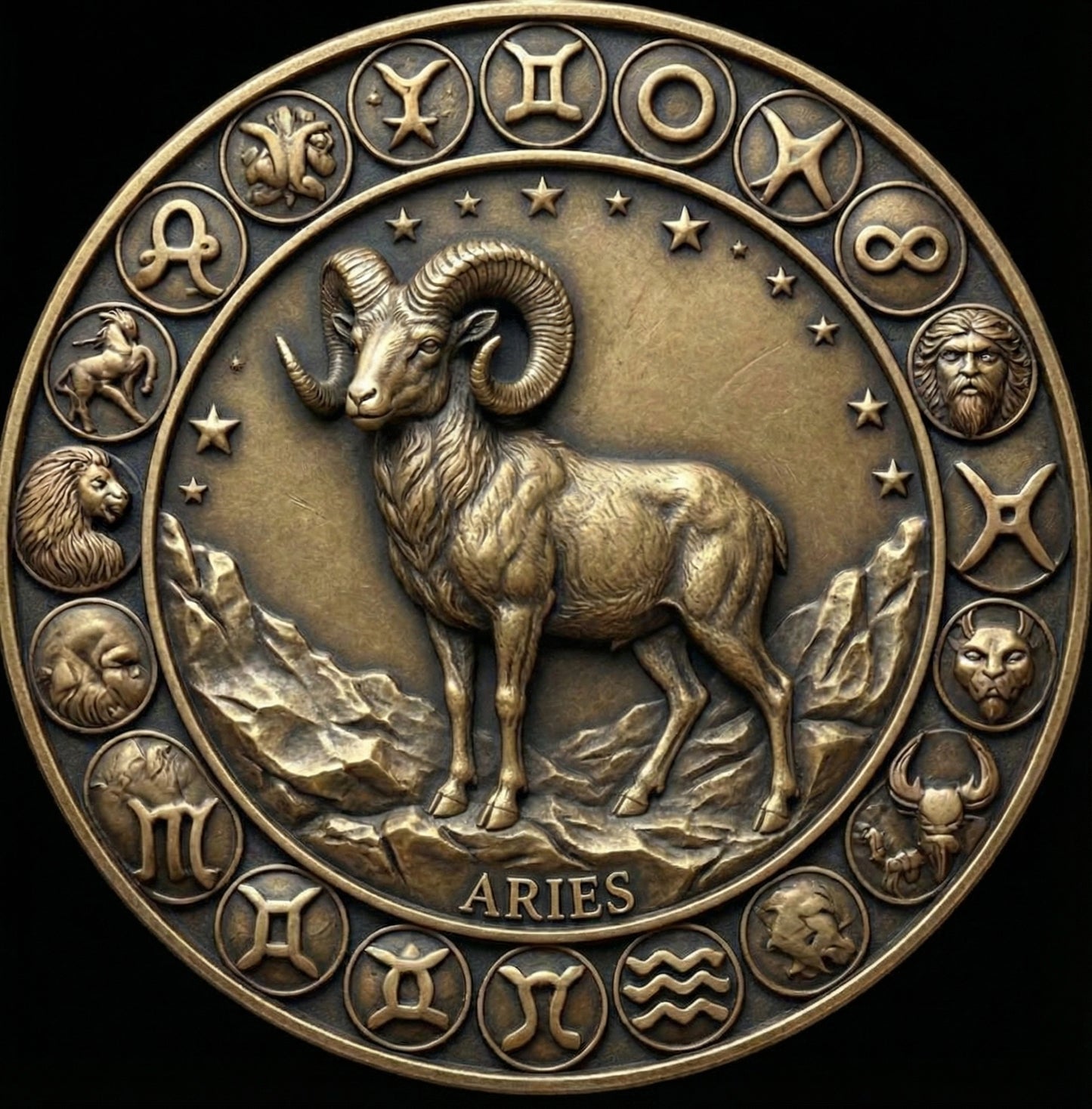 Bronze medallion featuring the Aries zodiac sign with surrounding astrological symbols.