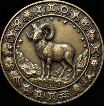 Bronze medallion featuring the Aries zodiac sign with surrounding astrological symbols.