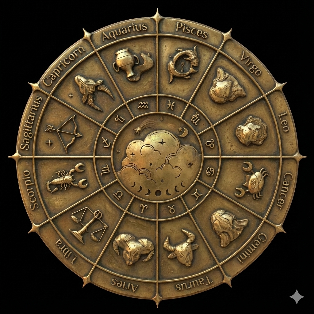 Bronze zodiac wheel with astrological symbols on a black background