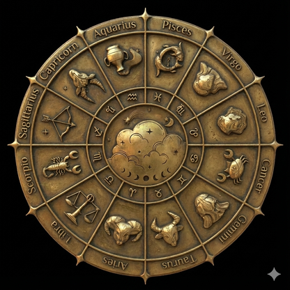 Bronze zodiac wheel with astrological symbols on a black background
