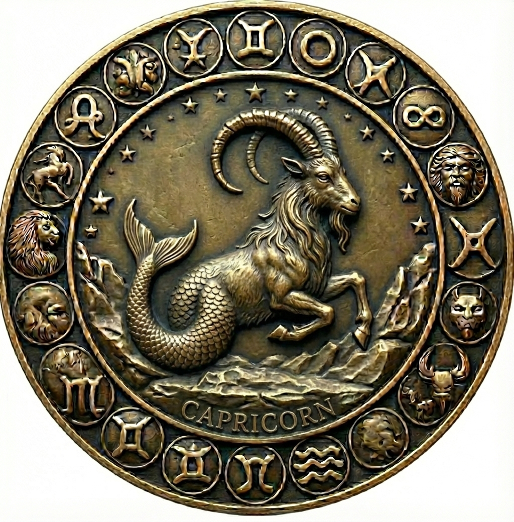 Bronze coin featuring the Capricorn zodiac sign with surrounding astrological symbols.