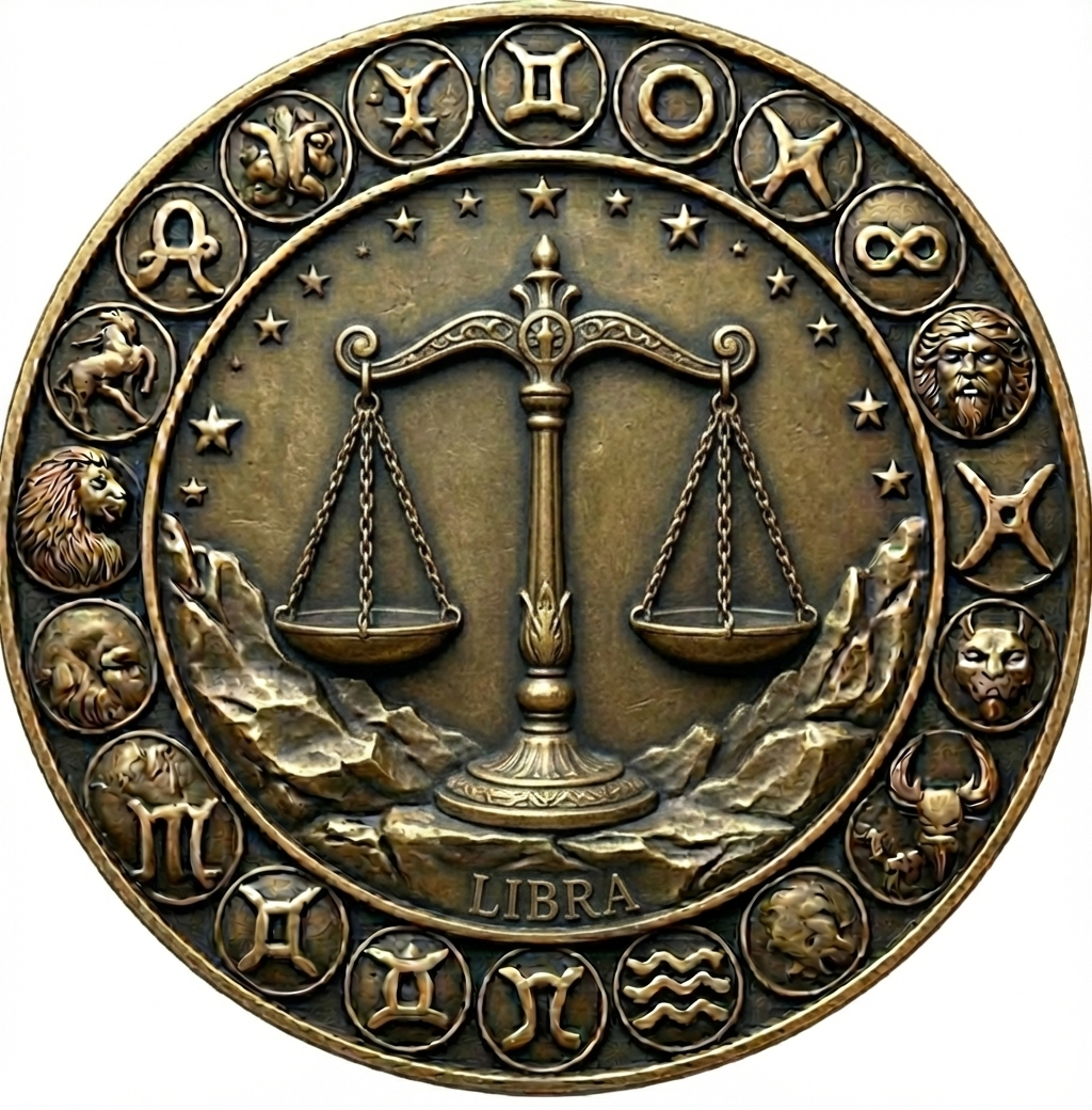 Bronze coin with Libra zodiac symbol and surrounding astrological signs on a white background