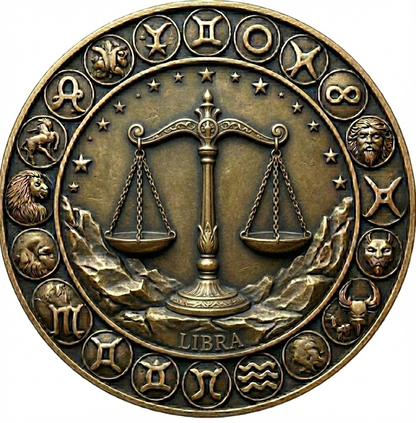 Bronze coin with Libra zodiac symbol and surrounding astrological signs on a white background