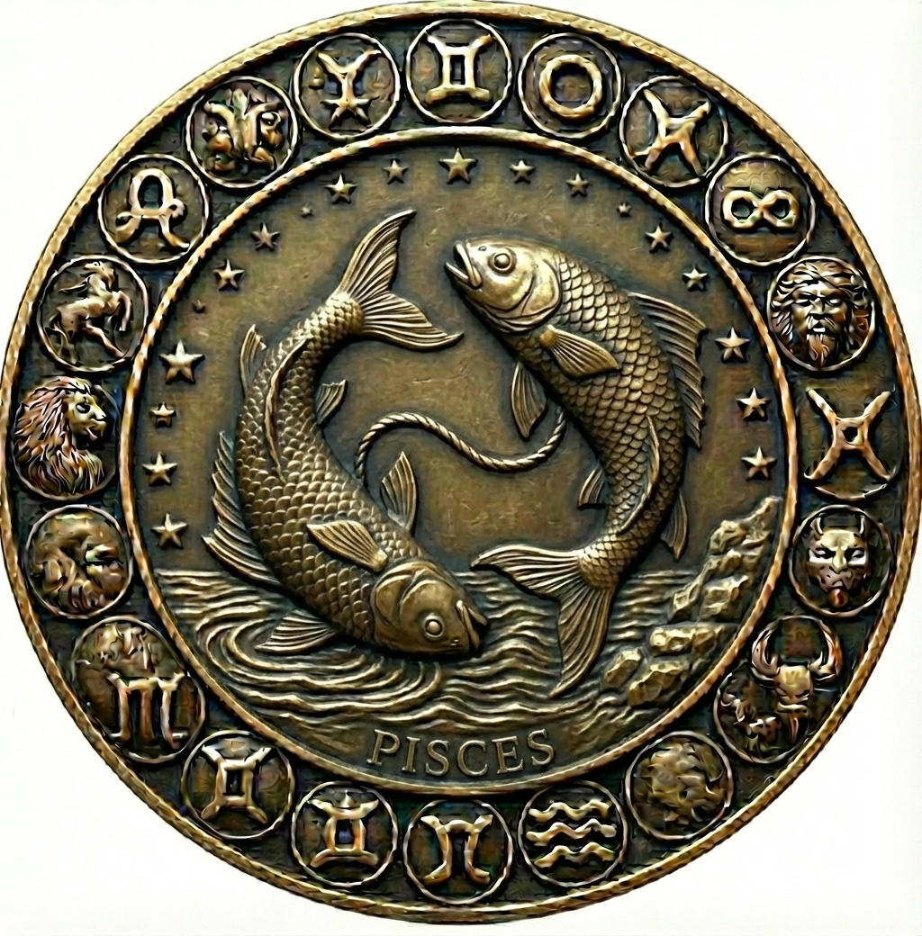Bronze coin featuring the Pisces zodiac sign with two fish and surrounding astrological symbols.