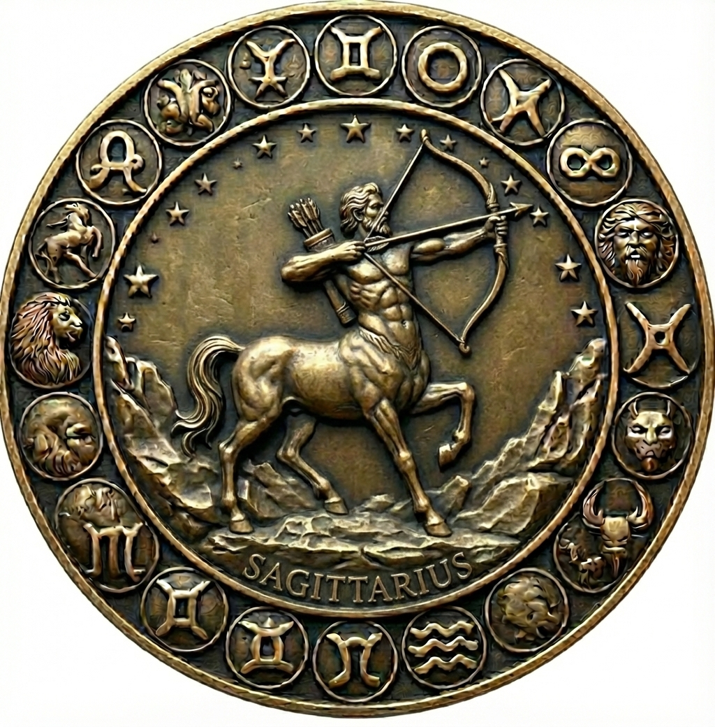 Bronze coin featuring the zodiac sign of Sagittarius with a archer on a horse.
