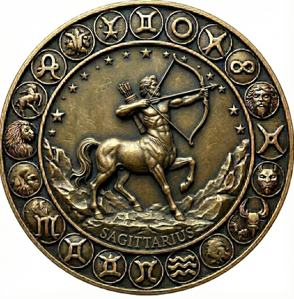 Bronze coin featuring the zodiac sign of Sagittarius with a archer on a horse.
