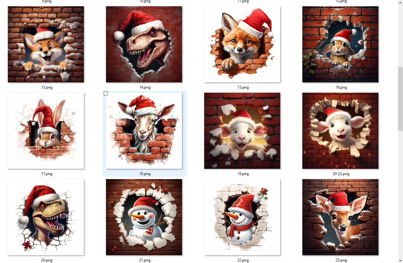 Collection of animal illustrations wearing Santa hats with a brick wall background.