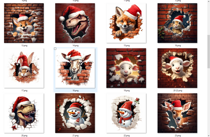 Collection of animal illustrations wearing Santa hats with a brick wall background.