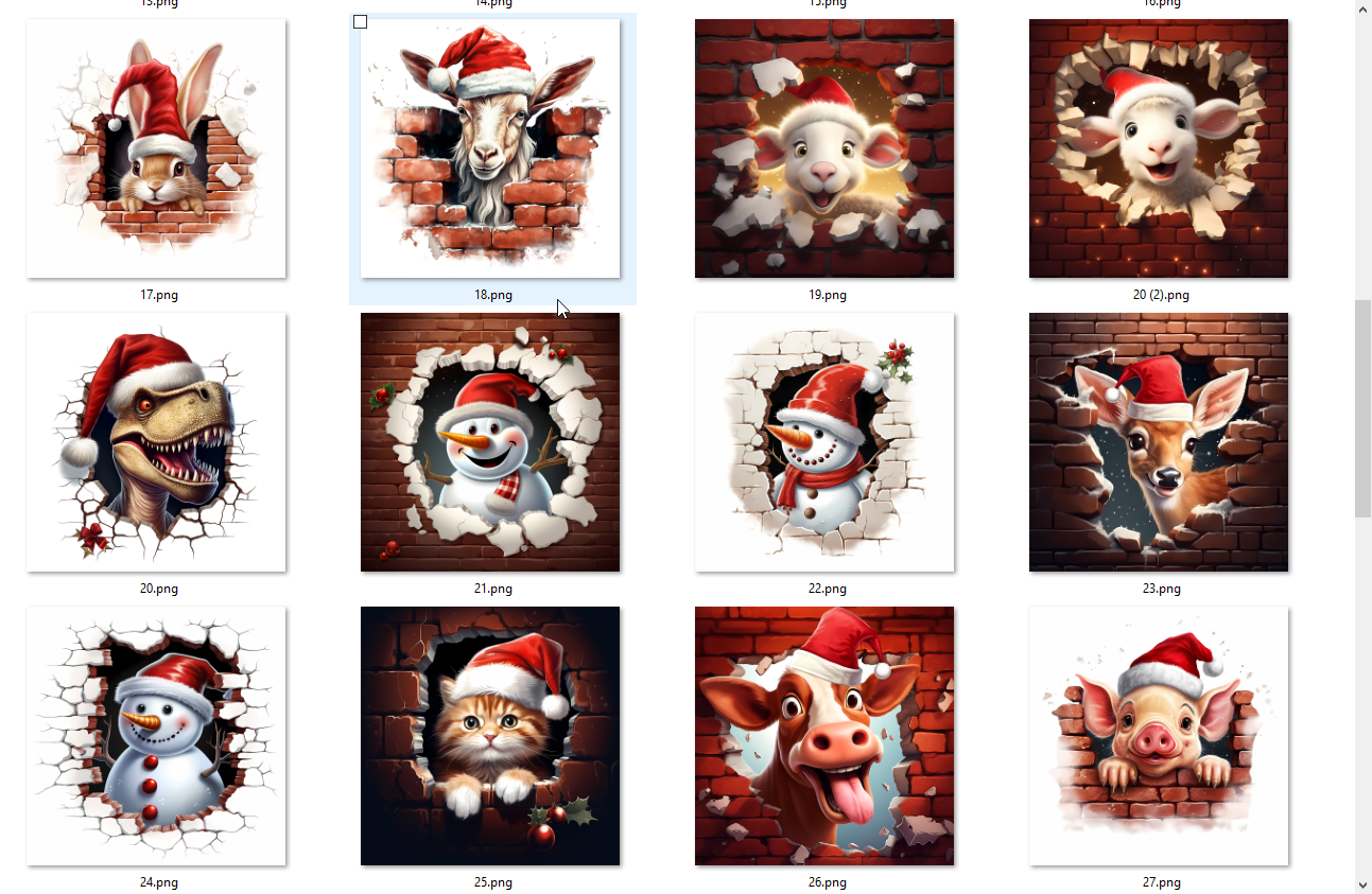 Collection of Christmas-themed animal illustrations with Santa hats on a grid layout.