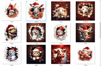 Collection of Christmas-themed animal illustrations with Santa hats on a grid layout.