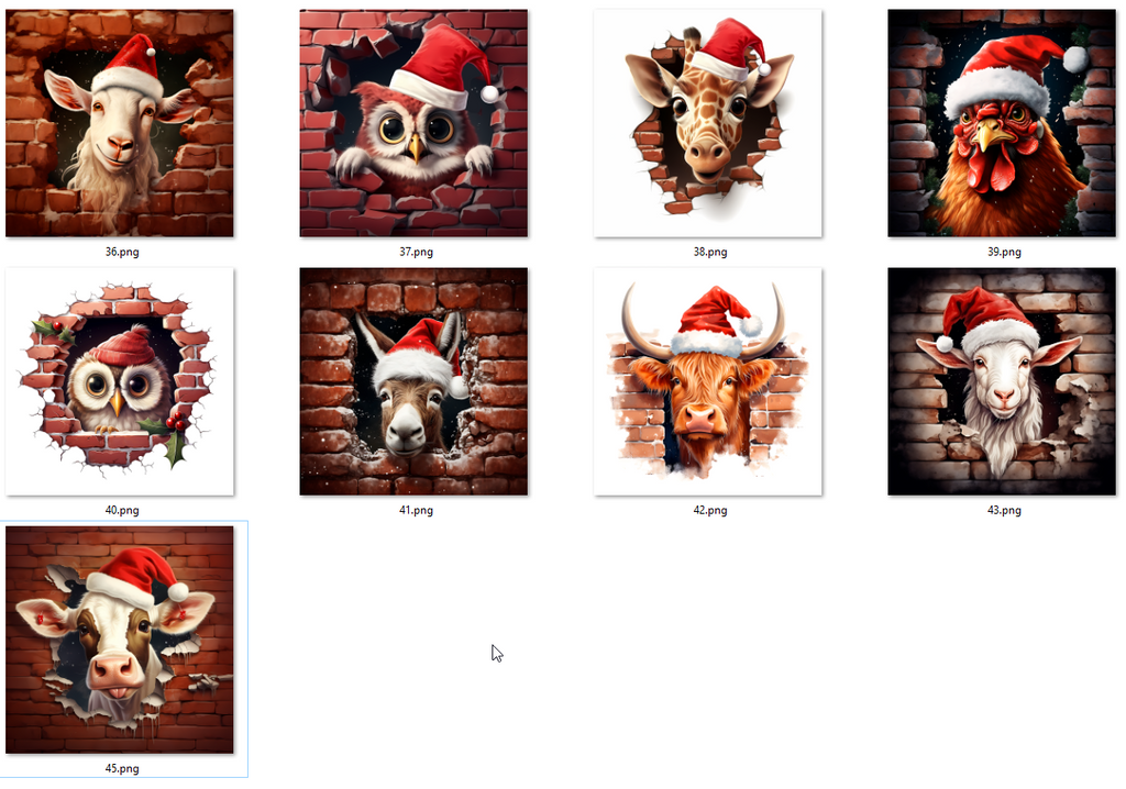 Set of animals wearing Santa hats peeking through brick walls.