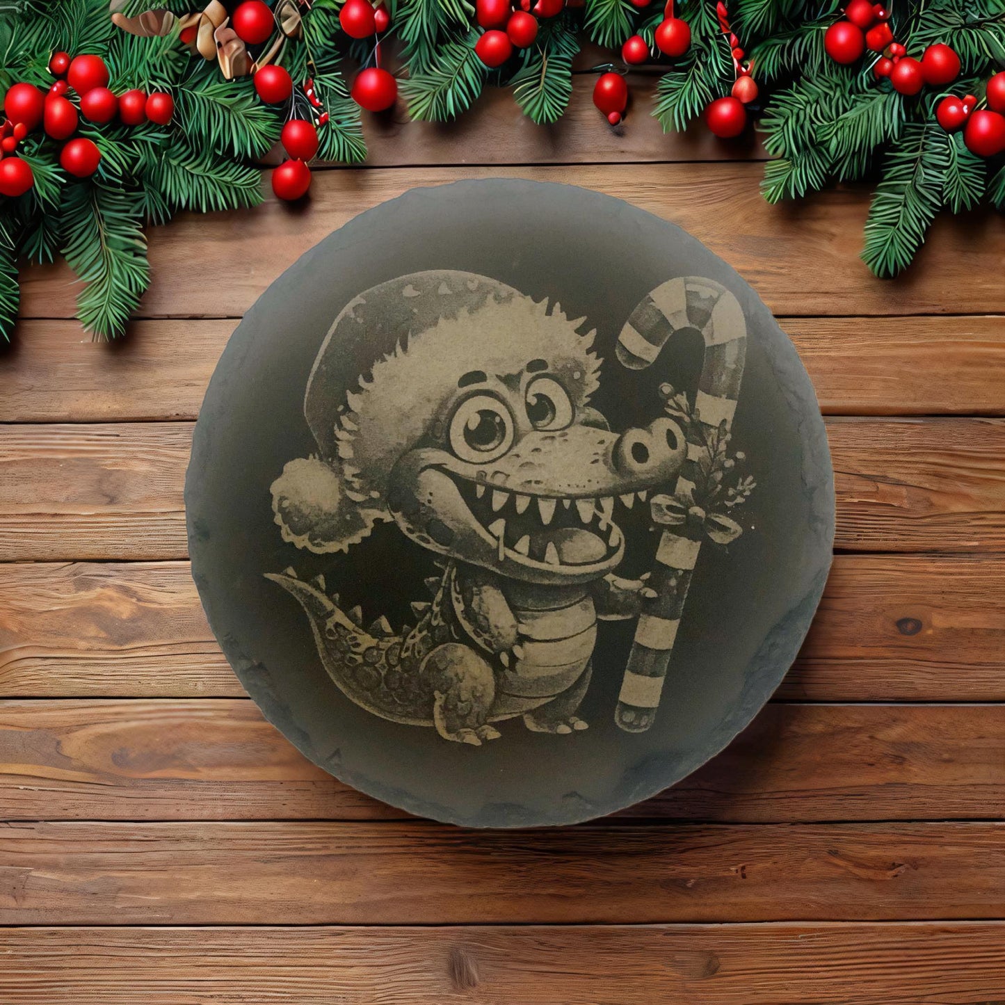Round decorative plate with a Christmas-themed design of a bear holding a candy cane on a wooden surface with holiday decorations.